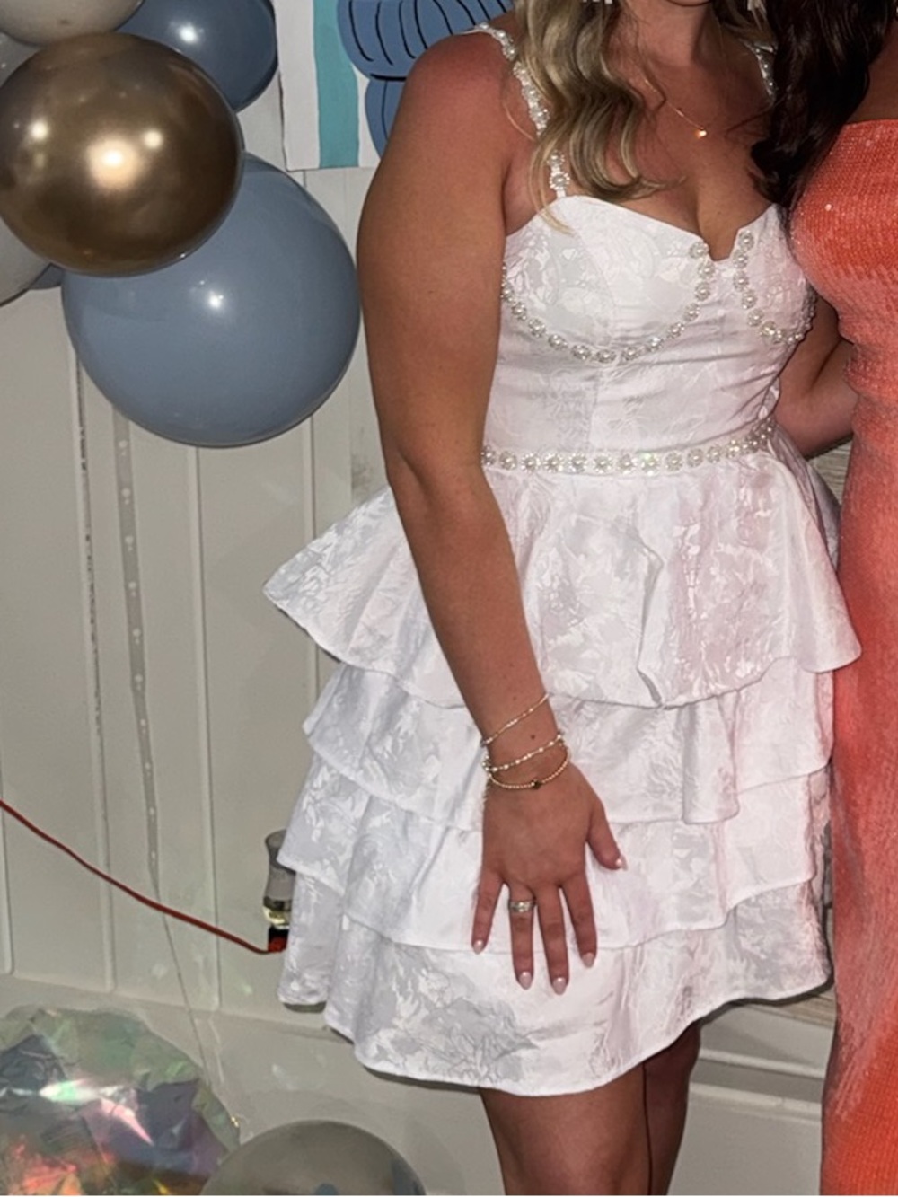 Pearl-Trim White Tiered Cocktail Dress